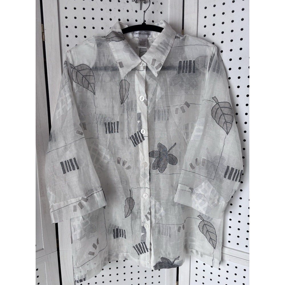 Drapers & Damons Sheer 3/4‎ SLV Leaf Linen Rayon Women's Lg Blouse Button Down